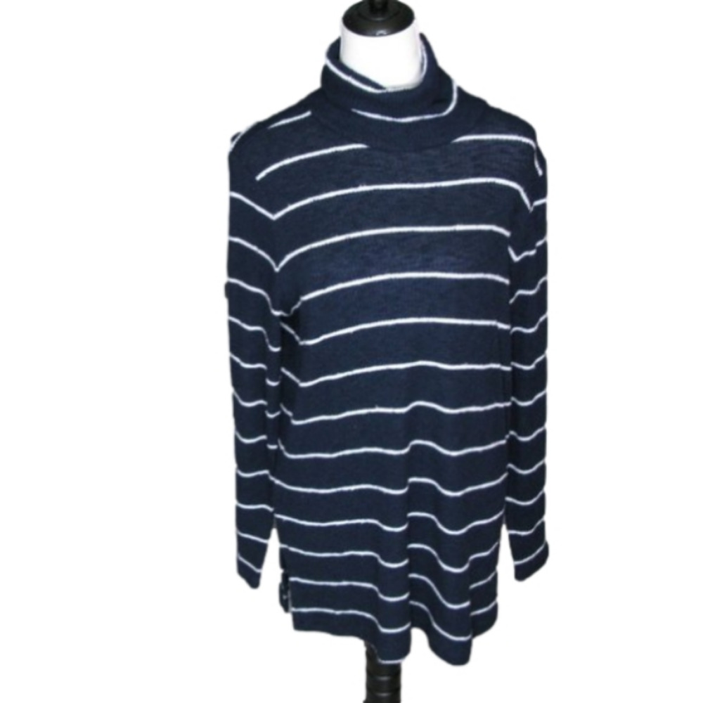 Style & Co Navy Blue White Stripe Turtle Neck Tunic Size Large